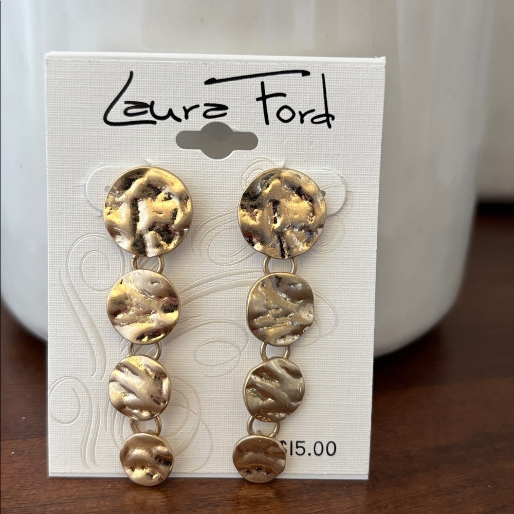 Laura Ford Gold Tone drop hammered circles, post